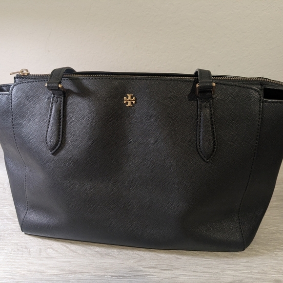 Tory Burch Black Leather Emerson Small Zip Tote Shoulder Bag Classic Designer - Picture 3 of 14
